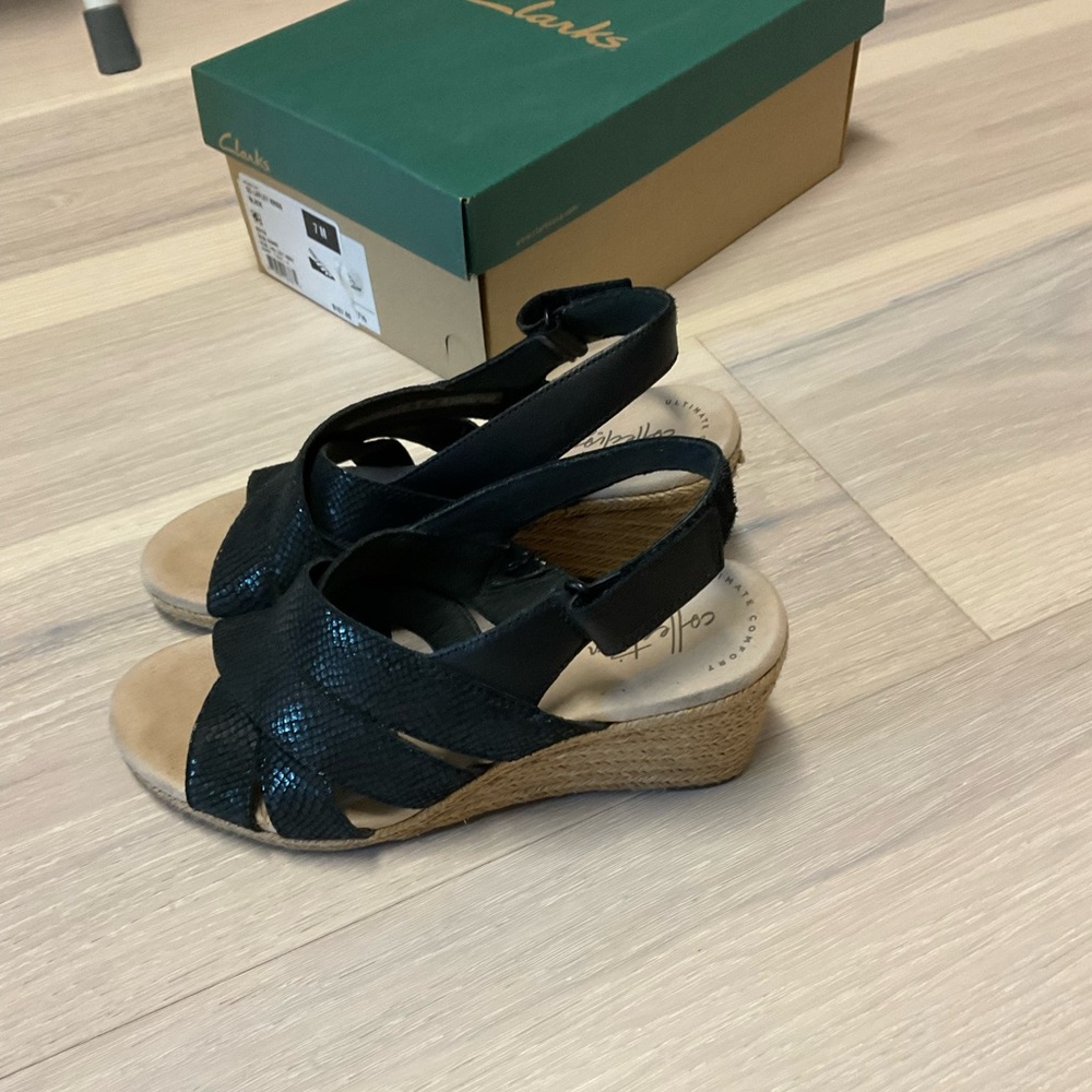 Clarks Black Woven Slingback Wedge Sandals